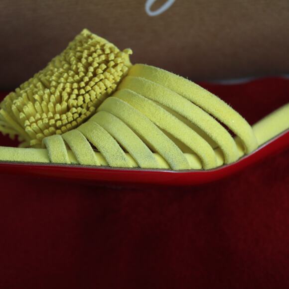Christian Louboutin Belbrossa Yellow Suede Pompom Fringe Slip-On Kitten Heels - Picture 6 of 16